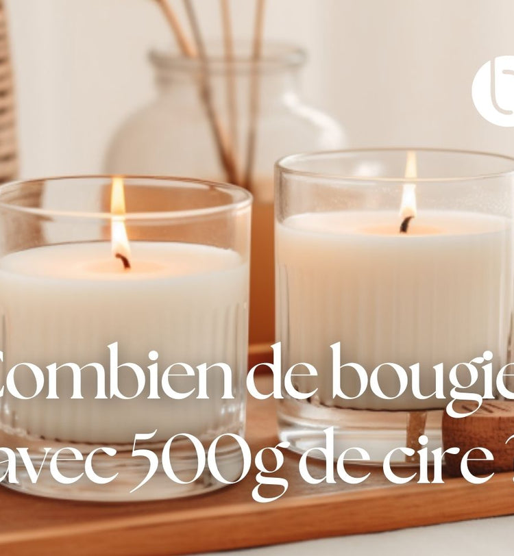 Bougies blanches allumées en verre, illustration du rendement et du nombre de bougies réalisables avec 500 g de cire.