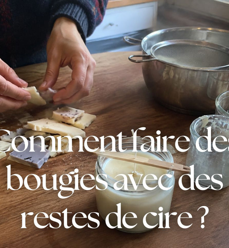 Fabrication d’une bougie avec des restes de cire dans un pot en verre, avec une mèche neuve et un bain-marie